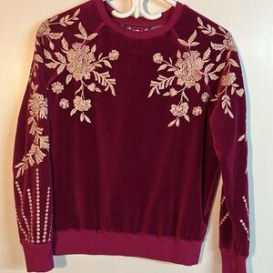 Johnny Was Burgundy Velvet Embroidered Floral Sweatshirt